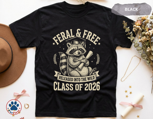 Feral and Free Shirt — Funny Graduation Tee Class of 2026, Raccoon Graduation Gift, Released Into The Wild