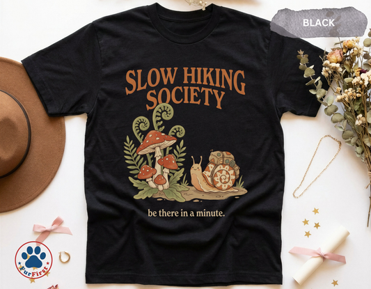 Slow Hiking Society Shirt — Funny Mushroom Tee, Cottagecore Nature Lover Gift, Be There In A Minute T-Shirt