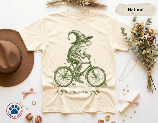 Off to Cause a Kerfuffle Frog Bicycle T-Shirt